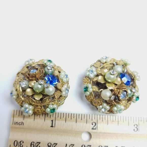Vintage Rhinestone Floral Cluster Clip On Earrings, Blue Green Rhinestone, 50s - Picture 4 of 6